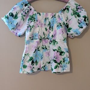 Old Navy White and Blue Smocked Ruffled Blouse